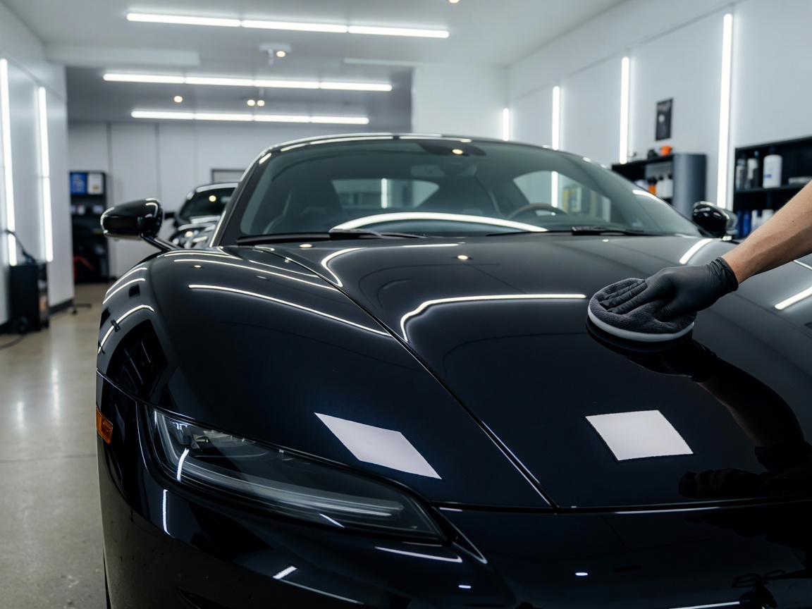 Ceramic coating application showing high paint reflection in controlled workshop lighting