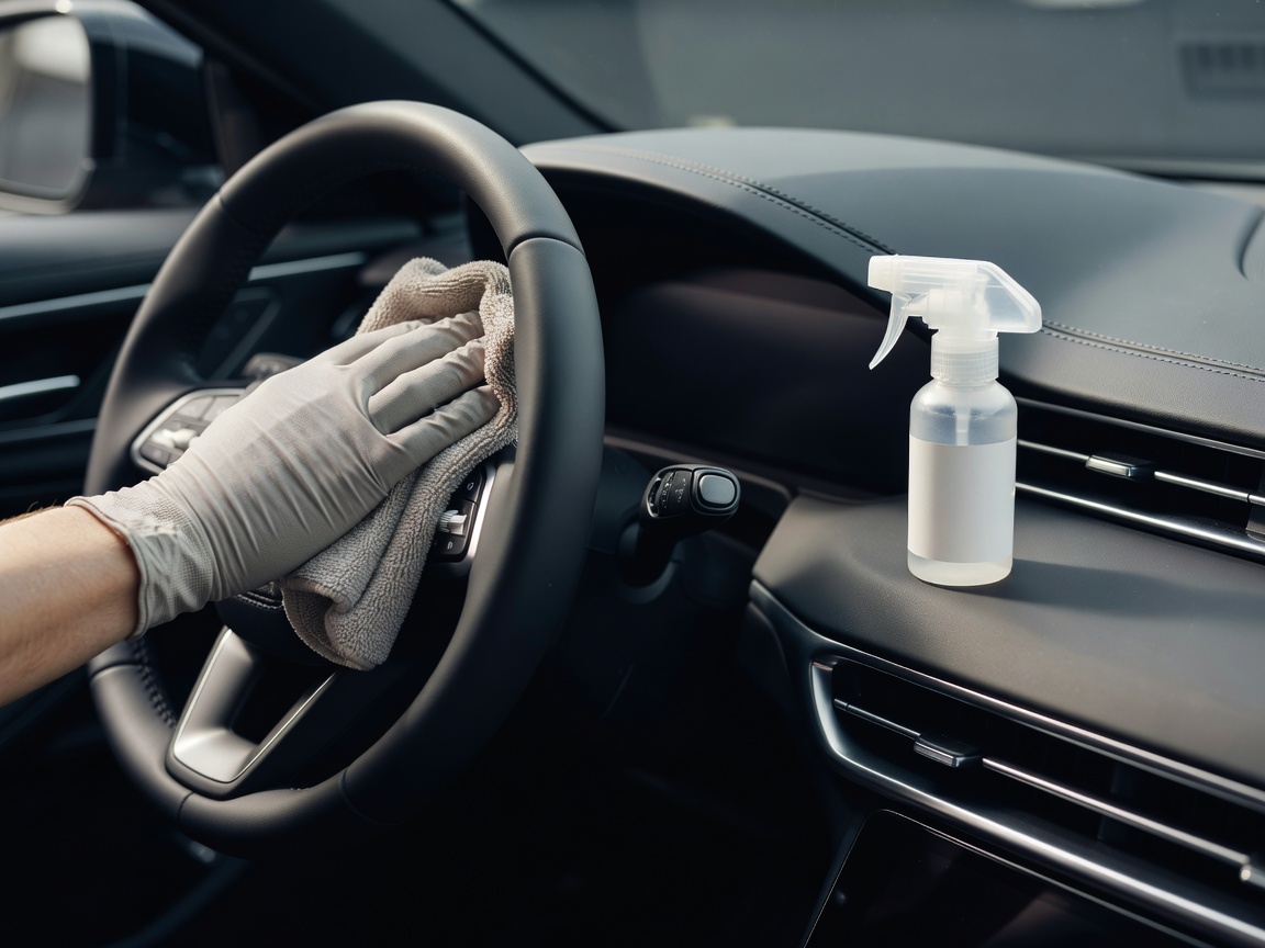 Detailed cleaning of a modern vehicle dashboard and leather steering wheel