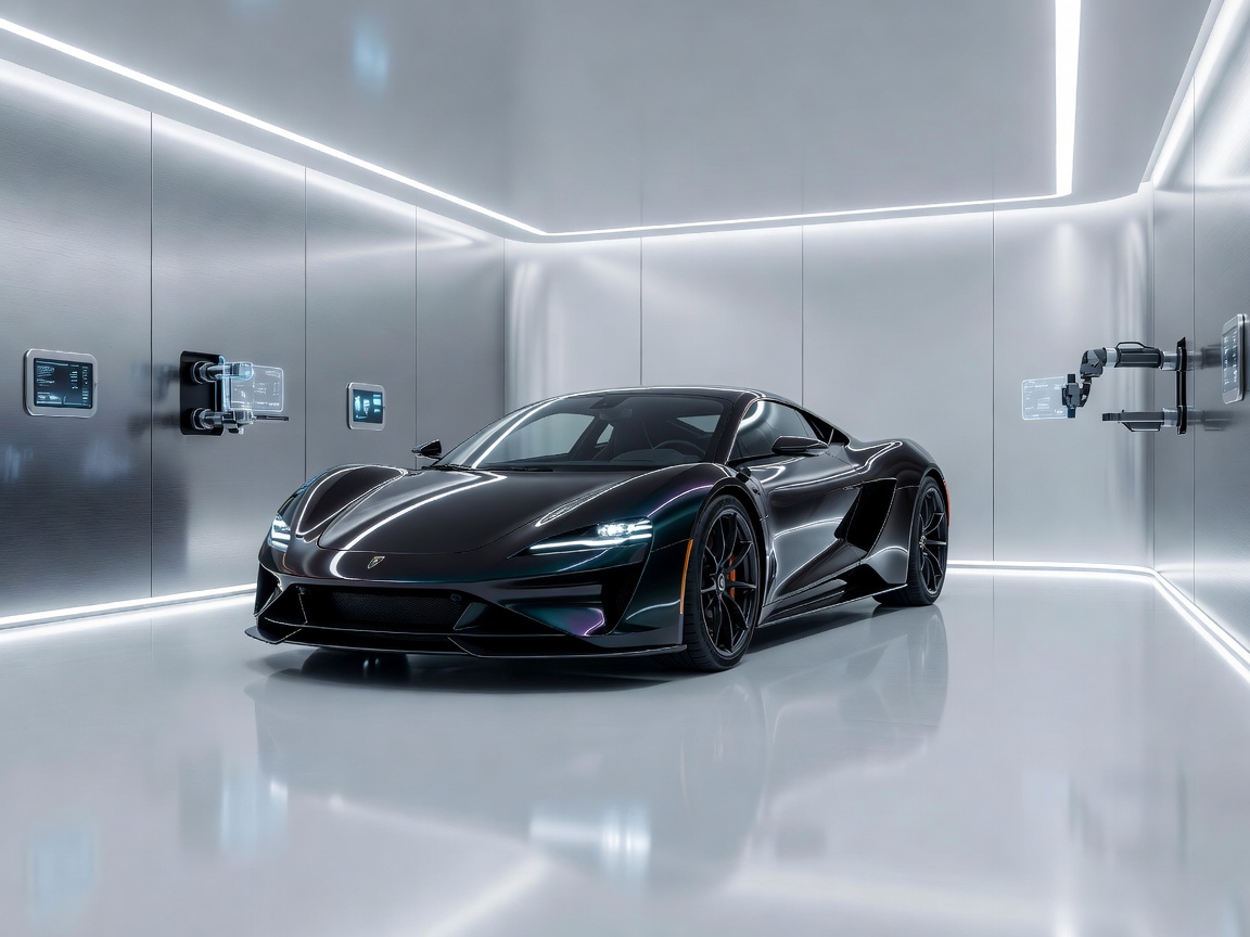 Modern vehicle inside a clean futuristic detailing environment with soft studio lighting