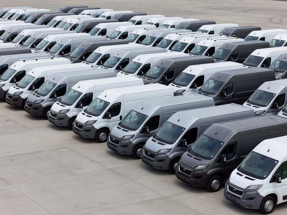 Practical business vehicles and commercial vans parked in an organised fleet setup