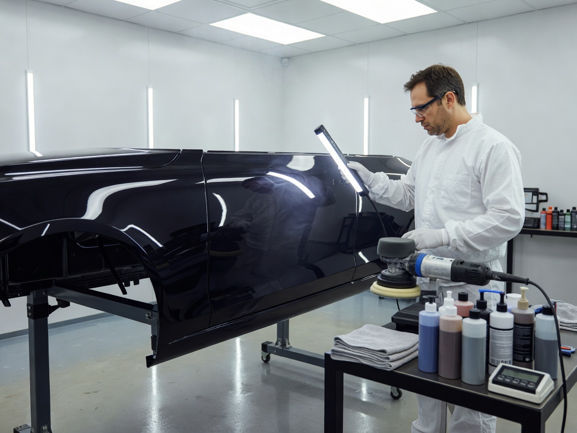 Professional paint inspection and machine polishing preparation under controlled workshop lighting