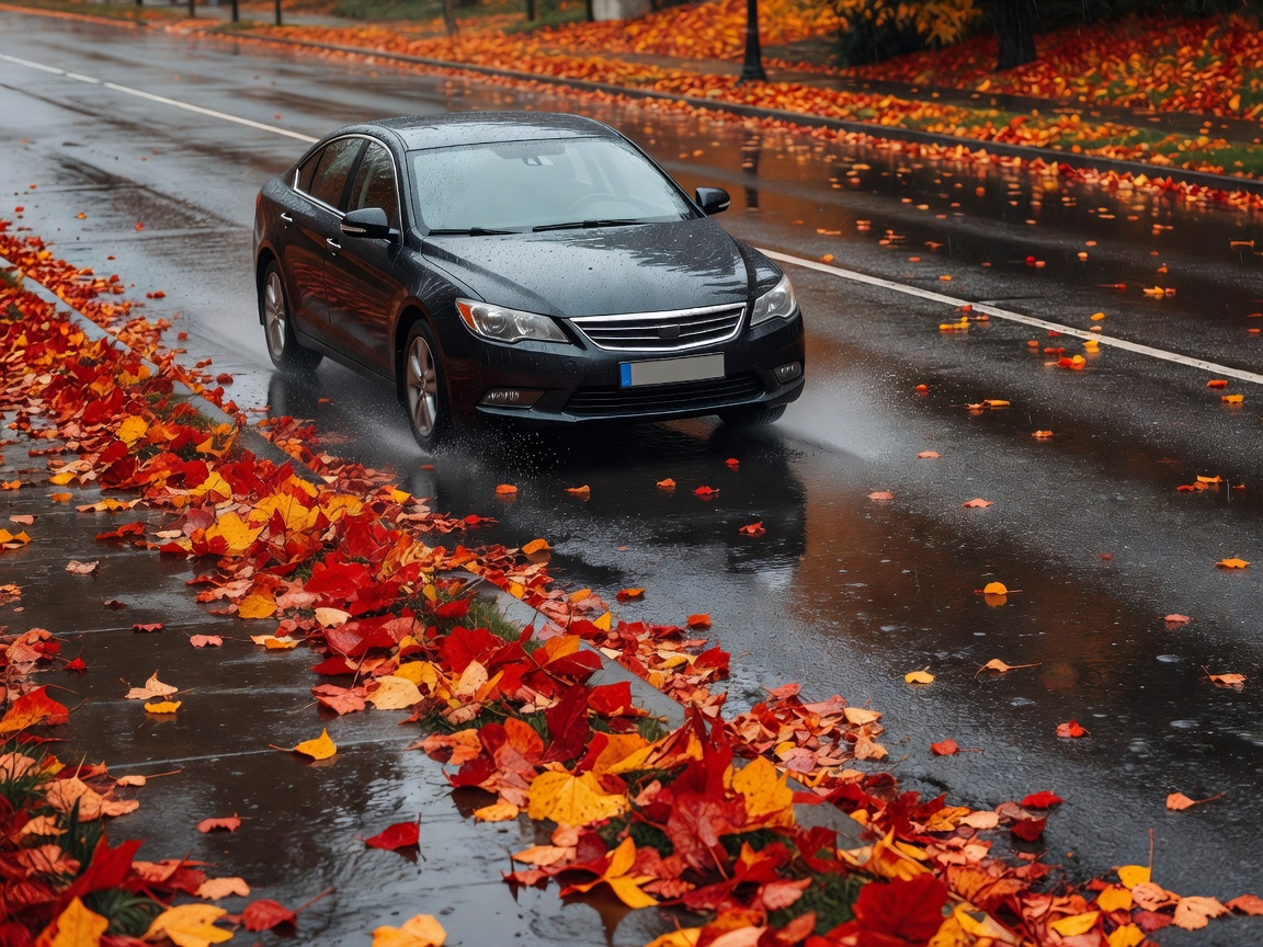 Vehicle driving on wet roads with autumn leaves and moisture