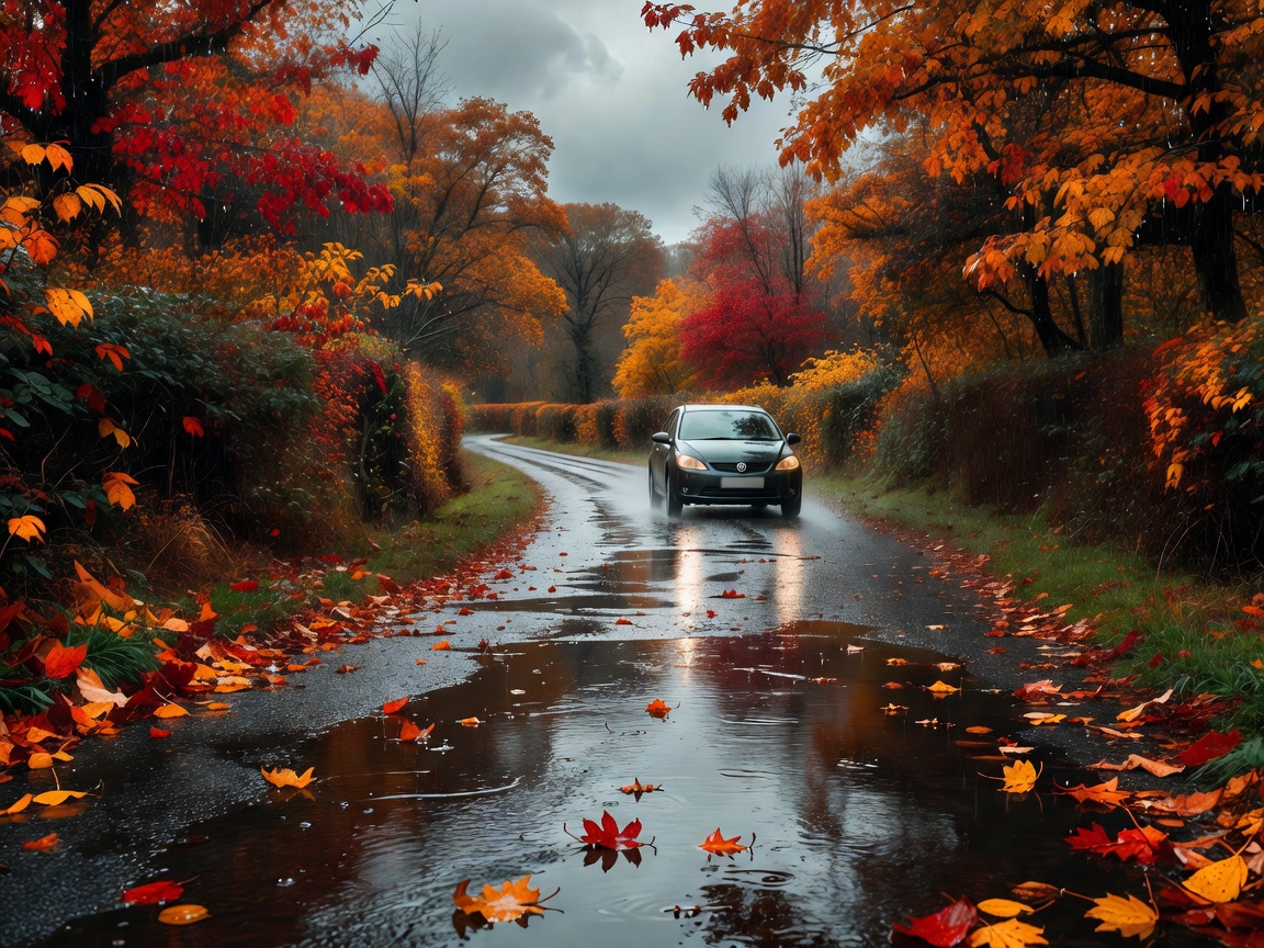 Vehicle driving on wet United Kingdom roads during autumn